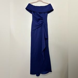 Xscape blue long gown ruffle off the shoulder dress 4